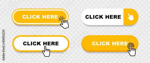 Click Here Button with pointer clicking. Web button set. Click button. Clicking the icon. Action button click here with click cursor. Vector illustration.