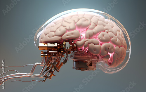 illustration sur le transhumanisme avec des implants électroniques greffés dans un cerveau humain - IA générative 