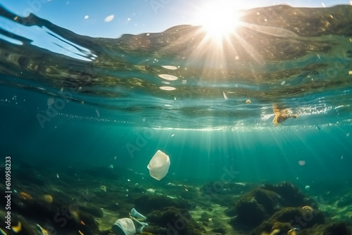 Plastic floats in the ocean or sea - Pollution issue, plastic or microplastic - Generative AI