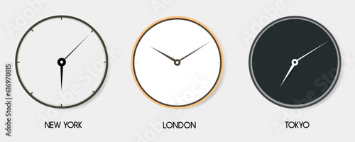 3 Clock vector simple bundle icon with black and white round wall clock isolated on white. A clock on wall shows eight o'clock and a Roman numeral clock.