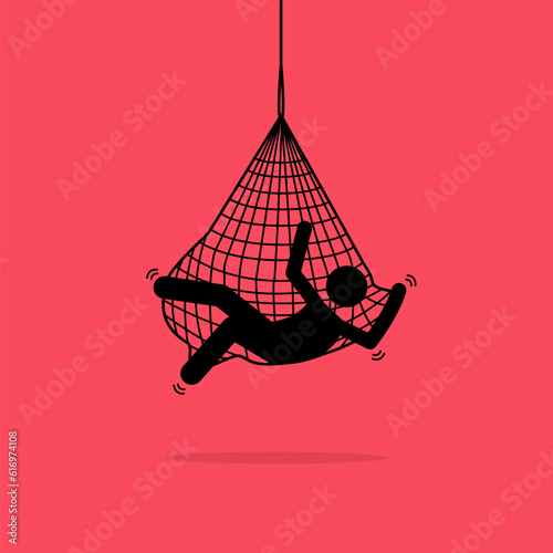 Man caught in a net trap and hung up. Vector illustration depicts concept of trap, tangled, problem, helpless, restrained, tricked, crisis, and entangled.