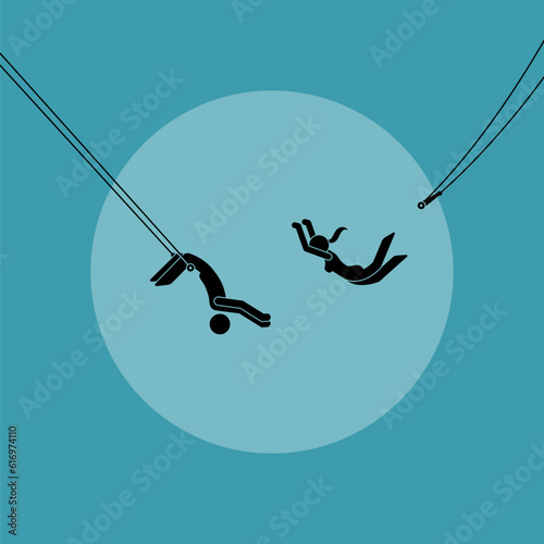 Two trapeze artist performing in acrobatic circus aerial stunt. Vector illustration depicts concept of trust, reliability, confidence, belief, entrust, commitment, and faith.