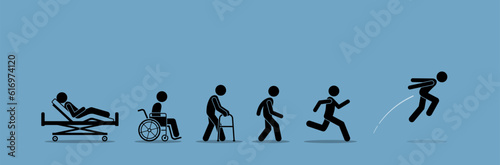 A sick injured person recover and regain his health after step by step rehabilitation and health improvement. Vector illustration depicts concept of healing, healthy again, and getting better.