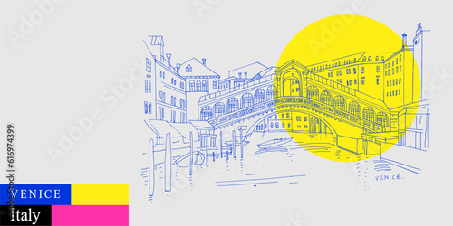 Vector Venice, Italy, Europe postcard. Famous Rialto bridge across Grand canal. Artistic Venezia travel sketch drawing in bright vibrant colors. Modern hand drawn touristic poster, book illustration