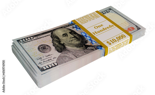 Currency strap of $100 bills, worth of $10,000/ Bundle of american dollars in cash. Png clipart isolated on transparent background