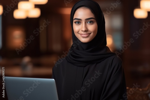 Portrait of beautiful Arabic woman in Abaya working on laptop at office.