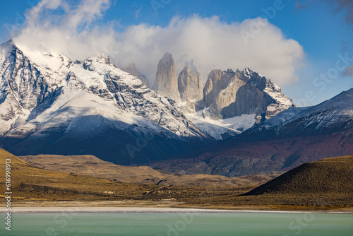 The rocks and towers in the Torres del Paine massif in front of Laguna Amarga in Chile