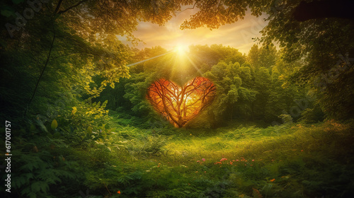Coração colorido da fantasia, feixe luminoso, campo verde da floresta, hora dourada