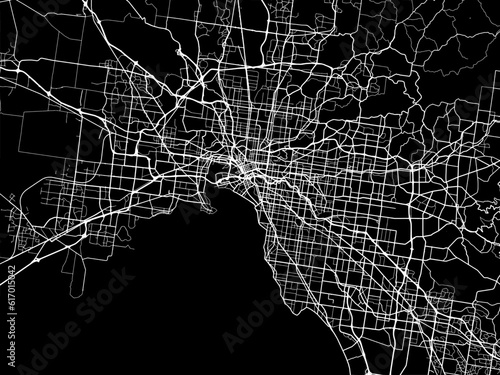 Vector road map of the city of Melbourne in the Australia with white roads on a black background.
