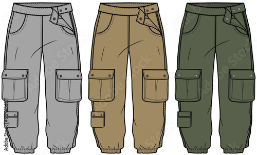 kids cargo pant flat sketch vector illustration technical cad drawing template