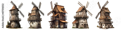 Set of windmills isolated on white background - Generative AI