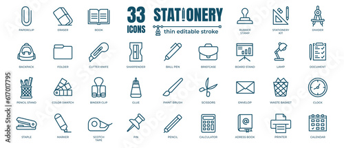 Simple set of Stationery office supply related Vector Line Icons. Contains thin Icons as pencil, divider, staple and marker. Editable Stroke. 48x48 Pixel Perfect