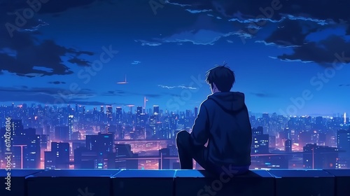 Nighttime reflections: lofi manga wallpaper of a sad yet beautiful scene with cityscape - person in front of the city, Generative AI