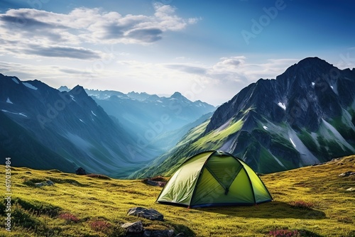 Photo of a camping tent on epic mountains landscape in summerGenerative AI