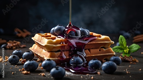 Fruity waffles on the table and presentation