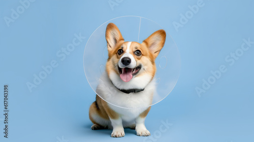 Corgi dog wearing a cone after surgery, Treatment on blue background. AI generation