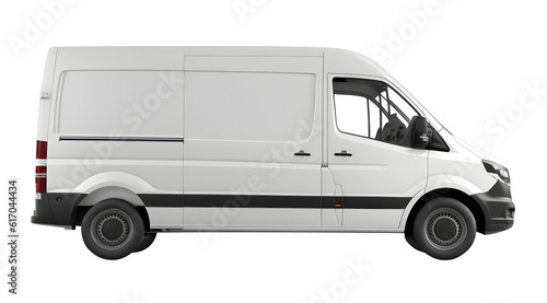 Clean blank white delivery van isolated on empty background, side view of plain car cargo carrier with large space for design, transportation logistics mockup Ai generated