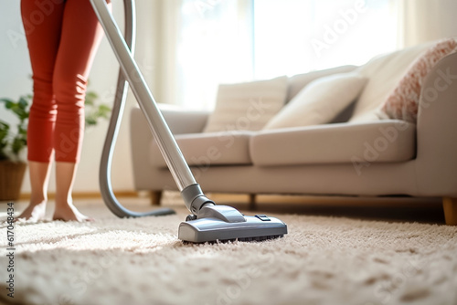 Young woman hoovering carpet at home, closeup.