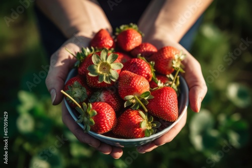 A farmer hand-picking strawberries from the field, highlighting the natural and sustainable farming practices associated with this luscious fruit. Generative AI