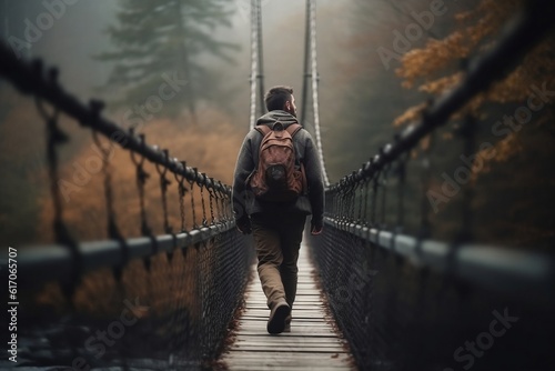A shot of a hiker crossing a suspension bridge, Generative AI 
