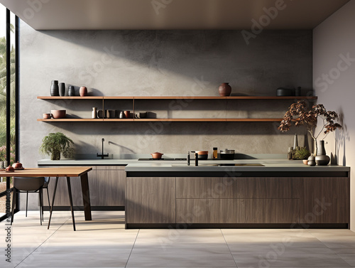 Built-in cabinet in the house kitchen. Modern concept design with natural tone wooden texture as the cabinet's surface finish. 