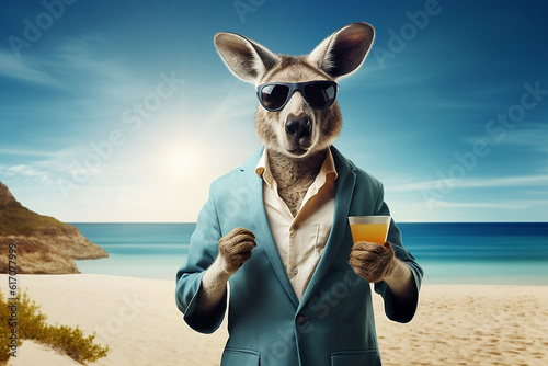 Strandvergnügen: Ein entspanntes Känguru mit einem kühlen Getränk am Stran