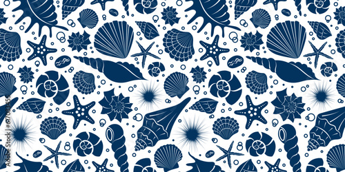 Seashells blue silhouette seamless pattern. Summer sea background. Hand drawn Shells, starfish, bubbles