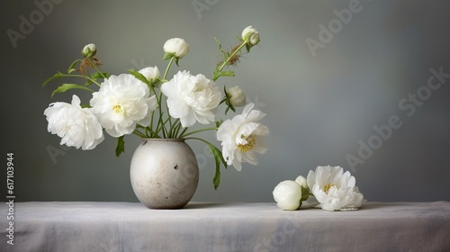 Bouquet of white peony flowers in a ceramic vase. Blooming plants. Generative AI. Illustration for banner, poster, cover, brochure or presentation.