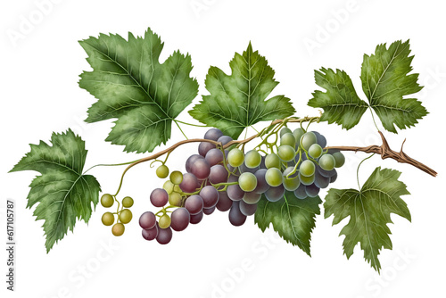 Grape bunch of green and dark grapes isolated on a white background illustration. Long grape branch