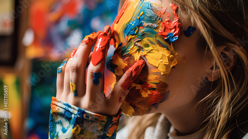 A person on their own face, creating a colorful image. The girl is creating chaos on her face