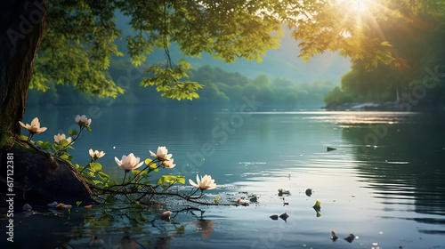 a beautiful lake with flowers in the fore