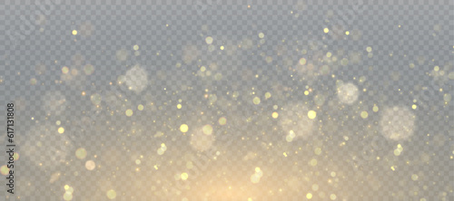 Abstract magic light dust effect with golden bokeh highlights on transparent background. Christmas lights. Glowing flying dust. Vector illustration for New Year's design.