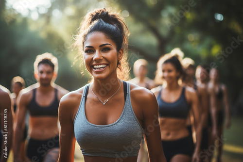 Outdoor boot camp class with a group of enthusiastic participants, Fitness models, sport, natural light, affinity, bright background Generative AI