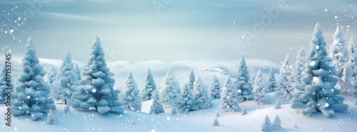 .Blue winter background with Christmas tree. Illustration AI Generative.