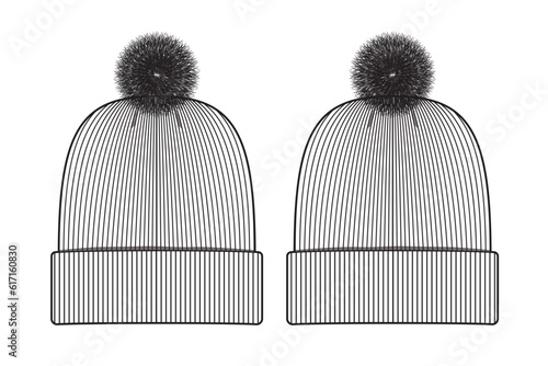 Pom Beanie Hat Knit Stocking Cap Flat Illustration Cad Accessory Winter Streetwear Mockup Blank Vector