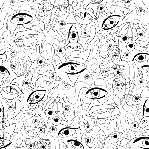 Psyhodelical Pattern with Thousand Eyes, Witchcraft Vibes. Surreal Design on White. Pop Art Cartoon Style. Seamless Pattern, Endless Texture. Vector Contour Illustration. Coloring Book