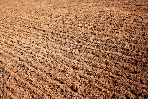 Rural landscape. Row plowed field, sown with cereals or prepared for planting, brown earth, clay or loamy soil. Organic agriculture. Agricultural land. Agricultural background.