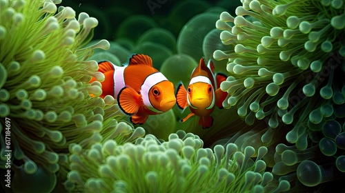 Two Clown Fish Concealed Amidst Lush Green Algae. Gen AI