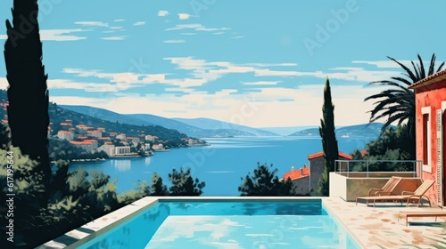 French Riviera landscape with views of a pool, sea and mountains 