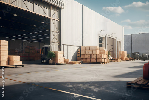 Warehouse exterior with wooden pallets and a parked truck under a sunny sky