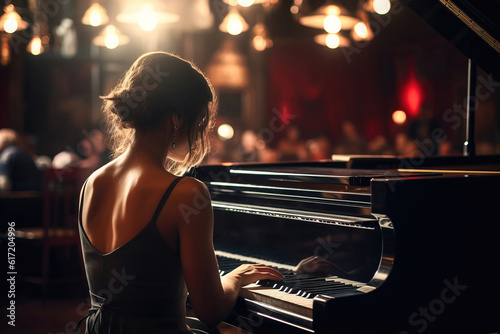A young woman wearing a dress, viewed from behind, playing a grand piano in a jazz club - Generative AI