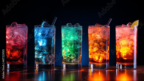 5 Cocktails / Drinks in Neonfarben und Neonlicht. Generative Ai. 