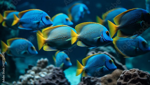 School of multi colored fish swim in natural underwater beauty generated by AI
