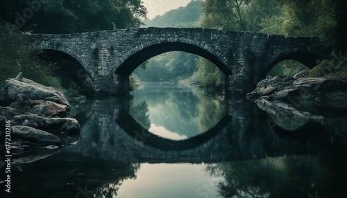 Tranquil reflection of ancient bridge in misty autumn forest generated by AI