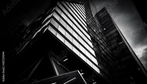 Futuristic skyscraper facade, abstract geometric shapes, black and white monochrome generated by AI