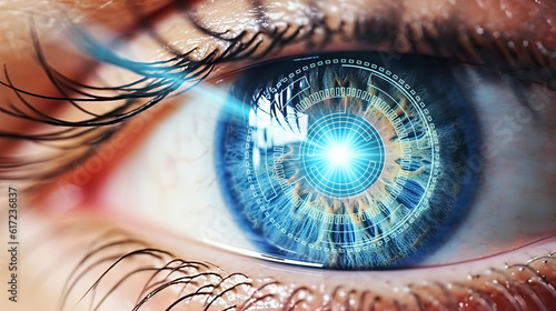 Blue eye overlaid with digital technology symbols and laser light ray, representing the concept of laser vision technology for eye surgery