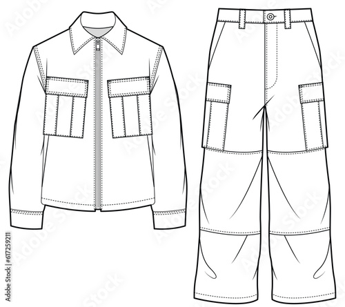 mens long sleeve zip up boxy jacket and wide leg baggy cargo trouser flat sketch vector illustration technical cad drawing template