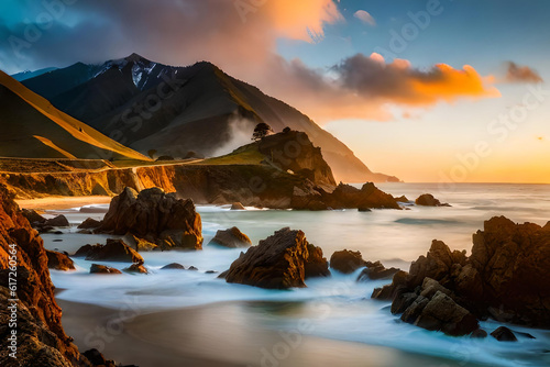 A captivating coastal scene in Big Sur, California, rugged cliffs plunging into the turquoise ocean below