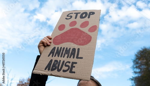 Woman holding placard sign with text Stop Animal Abuse, during animals rights march. Female protester with cardboard banner at protest rally demonstration.