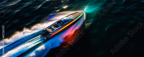 Stunning aerial view of a speedboat cutting through sparkling waves, emphasizing sleek design and thrilling sense of motion. Passengers unseen, focusing on exhilarating experience. Generative AI